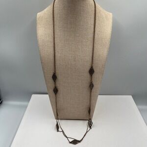 Vintage Long Bronze Tone Filigree Necklace Multi Station Round Link Chain Boho